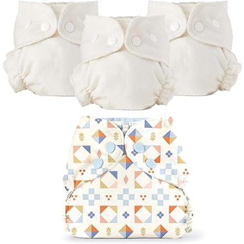 Esembly Cloth Diaper Bundle – 1 Quilted Waterproof Outer and 3 Organic Cotton Inners – Reusable, Washable, Blowout-Proof Diapering System – Size 1 (7–17 lbs)