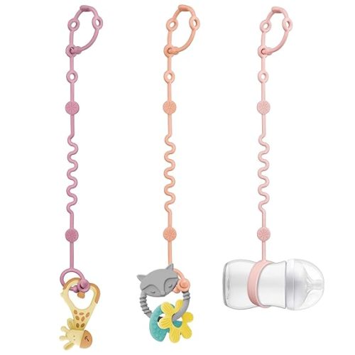 3pcs Adjustable Toy Strap Holder - Silicone Baby Tether Pacifier Clip - Travel Essential Leash for Stroller, High Chair, Car Seat
