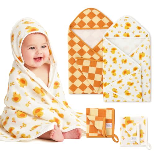 6 Pcs Baby Hooded Towels and Washcloths Yellow Duck Checker Print | 32" x 32" Hooded Towels, 10" x 10" Face Cloths, Soft Absorbent, Newborn, Infant, Toddler, Girl Boy Daily Bath Use