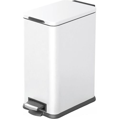 Home Zone Living 4 Gallon Slim Kitchen Trash Can with Soft Close Lid and Step Pedal, Matte White Stainless Steel Wastebasket with Removable Bucket