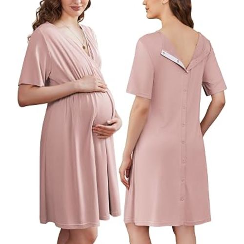 Ekouaer Labor and Delivery Gown for Hospital V Neck Maternity Nursing Dress | Birthing Gown, Open Back Button closure, Skin-friendly, Short Sleeve, Split Front Flap, Stretchy, Breastfeeding, C-section