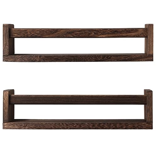 JORIKCHUO Nursery Book Shelves, Set of 2 Wood Floating Book Shelves for Kids Room, Kitchen Spice Rack, or Rustic Wall Mounted Shelves for Farmhouse Bathroom Decor (Carbon Brown)
