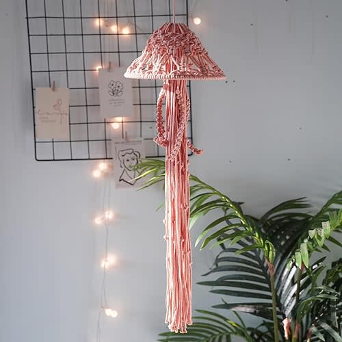 Macrame Wall Hanging,Jellyfish Dream Catcher with Star Lights,Bohemian Woven Wall Art Decor Beautiful Apartment Dorm Room Door Decoration (Pink)
