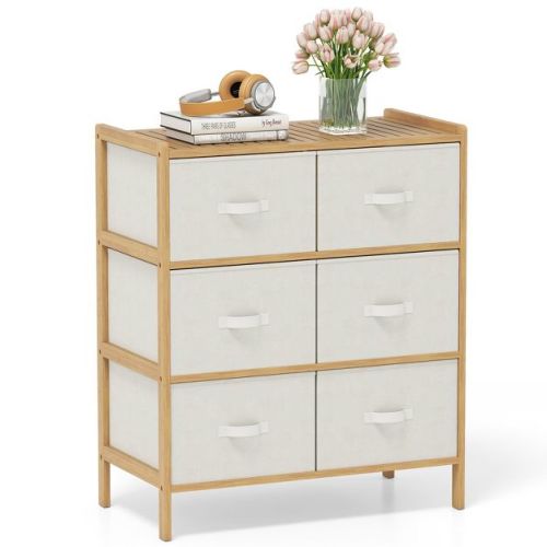 Costway Fabric Dresser w/ 6 Drawers Bamboo Storage Tower w/ 6 Folding Fabric Bins