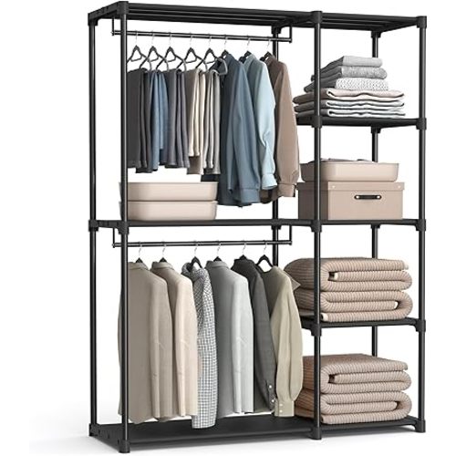 SONGMICS Portable Closet, Freestanding Closet Organizer, Clothes Rack with Shelves, Hanging Rods, Storage Organizer, for Cloakroom, Bedroom, 48.8 x 16.9 x 71.7 Inches, Black URYG026B02