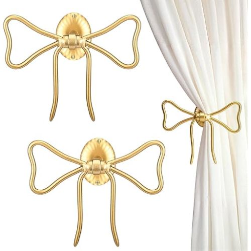 Kathfly 2 Pcs Bow Curtain Holdbacks Gold Metal Curtain Tiebacks Wall Mounted Bow Wall Hooks Pull Back Hooks Decoration for Office Bedroom Living Room Home Decorative