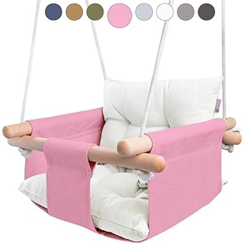 CaTeam - Canvas Baby Swing, Wooden Hanging Swing Seat Chair with Safety Belt, Durable Baby Swing Chair, Outdoor and Indoor Swing for Kids, Mounting Hardware Included, Pink