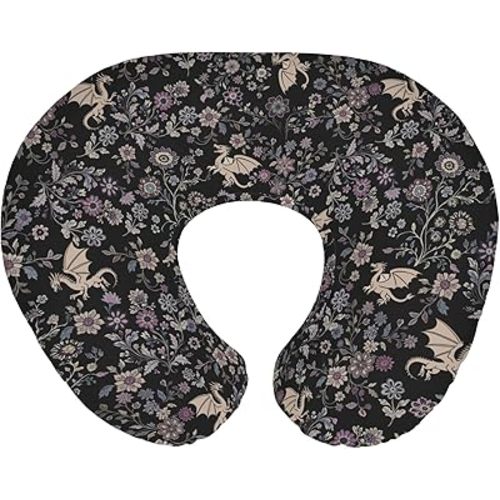 Fantasy Floral Dragons Baby Nursing Pillow Covers for Boy Girl Fairytale Dragon Gothic Black Purple Flowers Nursing Slipcovers for Breastfeeding Pillows Animal Soft Stretchy Cover for Newborn Infant