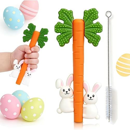 Easter Baby Teething Toys Silicone Carrot Rabbit Hollow Teething Tubes -Sensory Chew Toys Over 3 Months - Teether Straws for Teething Relief -BPA Free Infant Toys Baby Shower Gifts Baby Essentials (1)