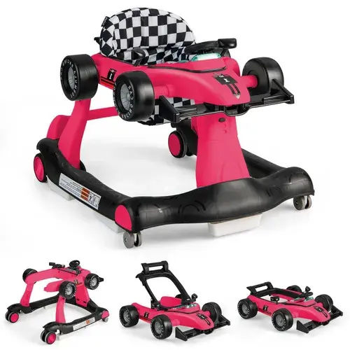 Baby Joy 4-in-1 Foldable Baby Walker with Adjustable Height and Speed with Music Box - Pink | Baby Bunting AU