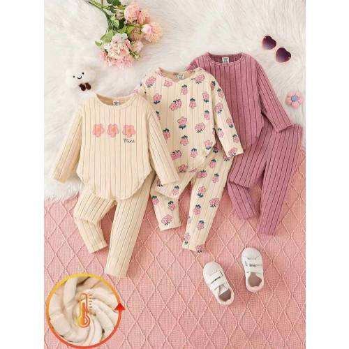 SHEIN 6pcs Baby Girls Floral Print Top With Curved Hem Design + Printed Solid Color Pants Set, Cute Casual Versatile Outfit For Autumn | SHEIN USA