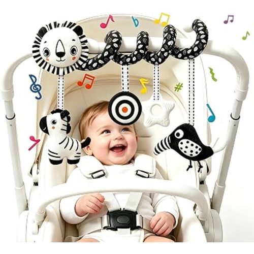 Black White High Contrast Baby Carseat Toy for Newborns 0-6