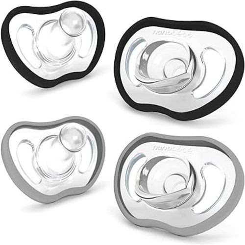 Nanobebe Active Baby Pacifiers 4-36 Months - Orthodontic, Lightweight and Vented, Curves Comfortably with Face Contour, 100% Silicone - BPA Free, Perfect Baby Registry Gift 4pk, Black/Grey