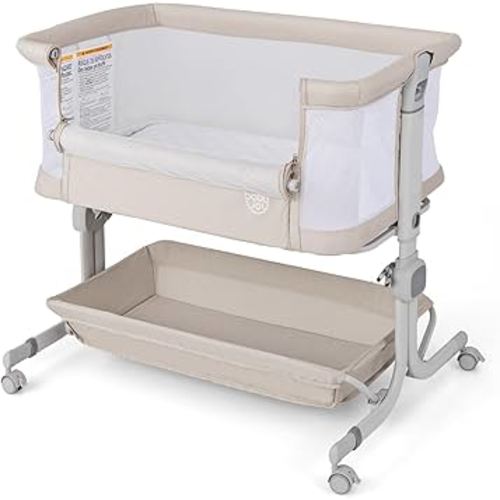 BABY JOY Bassinet, Bedside Crib w/ 6-Level Adjustable Height, Storage Shelf, Wheels, Mattress & Carry Bag for Safe Co-Sleeping, Folding Bassinet Bedside Sleeper for Newborn Infants (Beige)