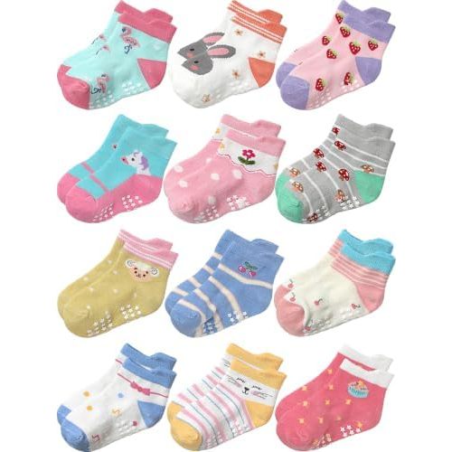 Aroveea Toddler Socks Non Slip Grip Baby Girls Kids Ankle Cute 12 Pack