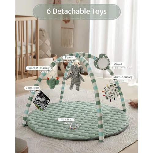 Blissful Diary Baby Play Gym Mat, Play Mat Activity Mat with 6 Detachable Toys for Stage-Based Sensory & Motor Skill Development, Easy to Install & Clean, Baby Essentials Gift, Sage Green