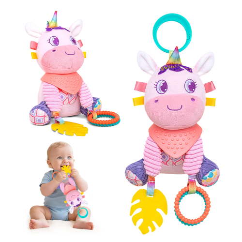 Car Seat & Stroller Toy for Baby 3-6Months- Sensory Plush with Rattle & Teether Baby Toys 6-12 Months Hanging Travel Carseat Toys for Baby Gifts