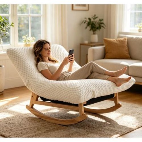 ModernLuxe Nursery Rocking Chair with Rubberwood Frame, Bean Bag Sofa Rocker Upholstered Accent Chair, Armless Lazy Sofa Lounge Chair, White