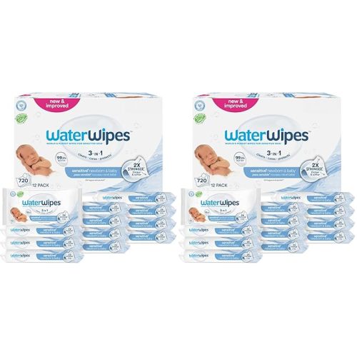 WaterWipes Sensitive+ Newborn & Baby Wipes, 3-In-1 Cleans, Cares, Protects, 99.9% Water, Unscented & Hypoallergenic, 720 Count (24 Packs)