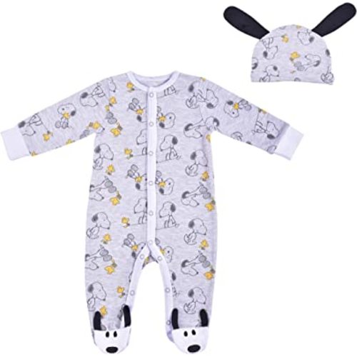 Peanuts Worldwide, LLC Snoopy Boys’ Coverall Footed Romper and Hat Set for Newborn – Grey