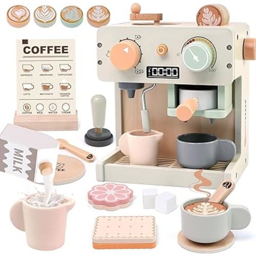 Toy Coffee Maker for Kids Wooden Coffee Playset with Grinder, Realistic Pretend Play Kitchen Accessories Montessori Learning Toys Birthday Gifts for Girls Boys Ages 3 4 5 Years