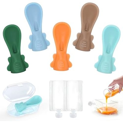 Portable Baby Food Pouch Topper (5-Pack, Assorted) – The Ultimate Travel Feeding Set with Hygiene Cases – No-Spill Squeeze Spoon Attachment for On-the-Go, Car & Airplane – Fits Most Standard Pouches