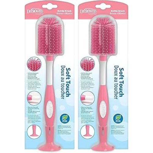 Dr. Brown's Soft Touch No Scratch Baby Bottle Cleaning Brush Nipple Cleaner with Stand and Storage Clip, BPA Free, Pink 2-Pack