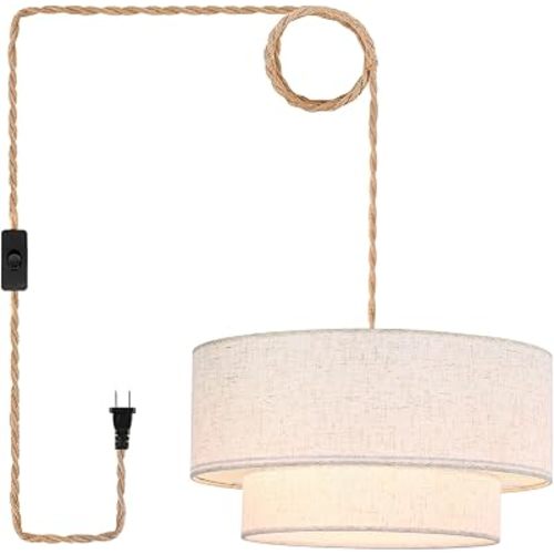 Plug in Pendant Light, 2-Tier Drum Linen Pendant Lights with 15.7FT Handmade Woven Light Cord,17.7" Plug in Chandelier for Dining Room Kitchen Island and Bedroom