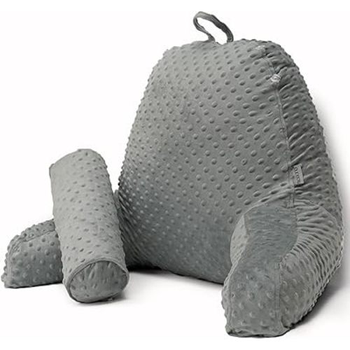Reading Pillow for Sitting in Bed, Extra Large Backrest Support Cushion with Arms, Sit up Back Pillow Shredded Memory Foam back support Chair Pillow, Bed Rest Pillows with pocket, Detachable Neck Roll