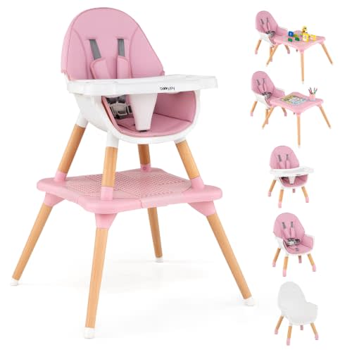BABY JOY 6 in 1 High Chair, Convertible High Chairs for Babies and Toddlers/Booster Seat/Table and Chair Set, Infant Wooden Highchair w/ 5-Point Harness, 4-Position Removable Tray & PU Cushion (Pink)