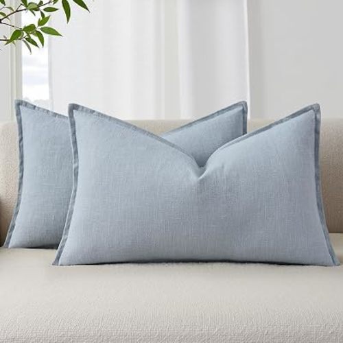decorUhome Decorative Linen Throw Pillow Covers 12x20 Inch Set of 2 Sky Blue Lumbar Neutral Pillow Covers with Flange Edges Soft Farmhouse Boho Accent Pillow Cases for Couch Bed Living Room