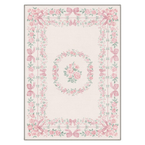 Romantic Vintage Floral & Bow Border Area Rug, Machine Washable, Inspired Faux Wool - High-Rebound Foam & Non-Slip Backing | Wayfair