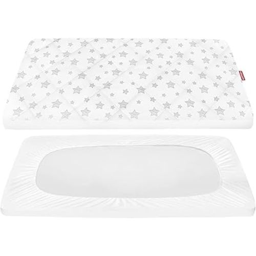 Pack and Play Sheet Quilted, Breathable Thick Playpen Lovely Print Cover 39"×27"×5" Compatible with Graco Portable Mini Cribs, Suitable for Yards and Foldable Mattress Pack and Play Pad, White Star