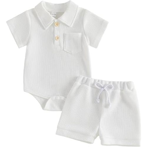 Newborn Baby Boy Summer Outfit Waffle Knit Short Sleeve Collared Romper Shorts Set 0 3 6 9 12 18 Months