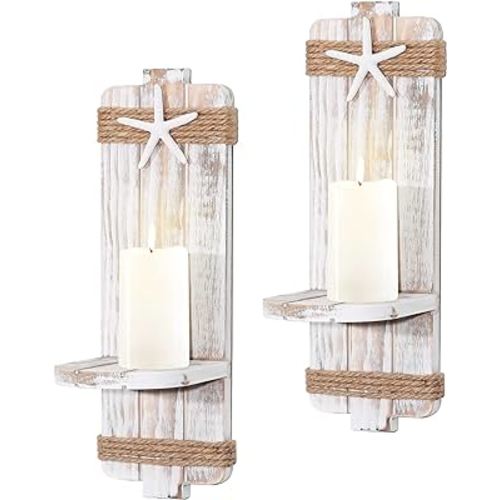 Disdressed Starfish Wall Candle Sconces (Set of 2) - Beach Decor, Ocean Themed Wall-Mount Candleholders, Nautical Style Beach Bathroom Decor, Coastal Farmhouse Seashell Candle Holders
