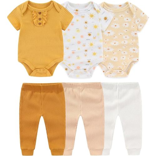 Baby Bodysuit and Pant Set 6-pcs Ribbed Soft Infant Boy Girl Clothes Outfits
