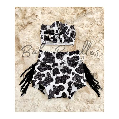 Black Faux Glitter Cow Print Fringe Bummies with Matching Bow Sets / Western Baby Girl Clothing / Birthday Pictures Rodeo Outfit /