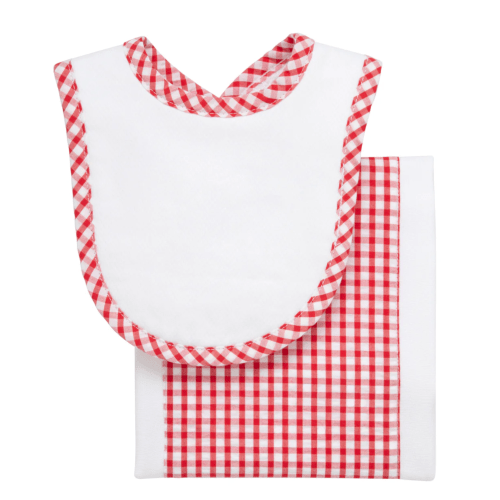 Big Check Drooler Bib & Burp Set - Red