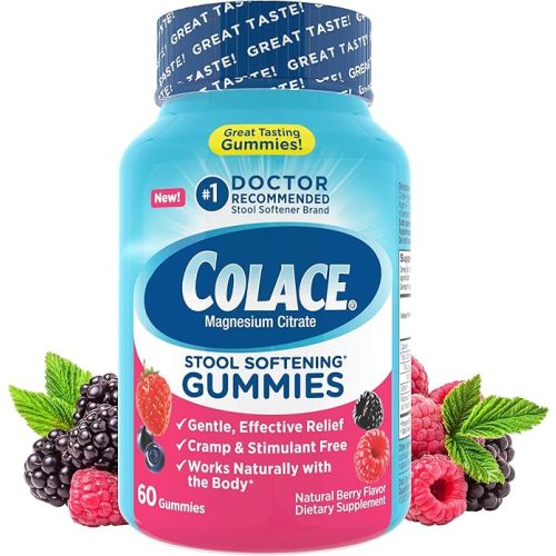Colace Stool Softener Gummies, Gentle Dependable Constipation Relief Magnesium Citrate Gummies, No.1 Doctor Recommended Stool Softener Brand, Berry Flavored 60ct