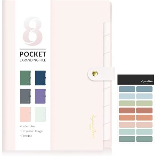Sooez Elegant Accordion File Organizer with Labels, 8 Pocket Expanding File Folder, Portable Folders for Documents, Cute Paper Organizer for School Office Supplies, Letter Size, Off White