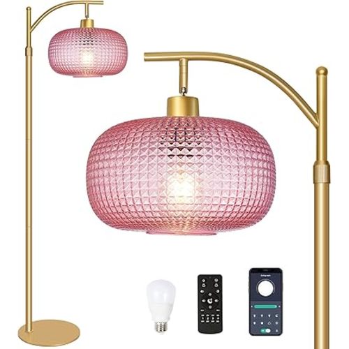 Glass Floor Lamp for Living Room, Modern Tall Standing Lamp with Pink Glass Lamp Shade, Dimmable Gold Tall Floor Lamp for Bedroom Office with Remote Control, 1 x 12W LED Bulbs Included