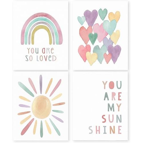 HRQKO Boho You Are My Sunshine Wall Decor Poster Set of 4, Nursery Wall Decor Girl, Boho Inspirational Quotes Prints Posters Wall Decor, Rainbow Decor for Baby Girls Room Nursery 8”x10” Unframed