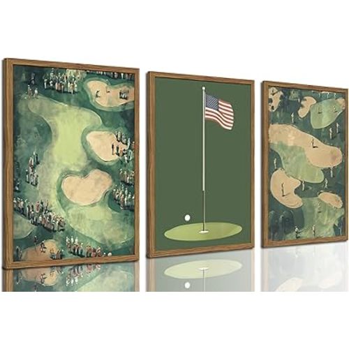 Vintage Golf Wall Art Set of 3, Mid Century Sports Wall Decor Paintings, Retro Green Golf Course Landscape Canvas Prints Artwork Picture for Bedroom Living Room Man Cave 12x16 inch Framed