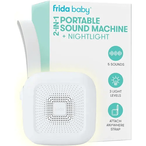 Frida Baby 2-in-1 Portable Sound Machine for Baby + Nightlight | White Noise Sound Machine for Baby with 5 Soothing Sounds & 3 Nightlight Modes | Travel Sound Machine Attaches to Strollers, Car Seats