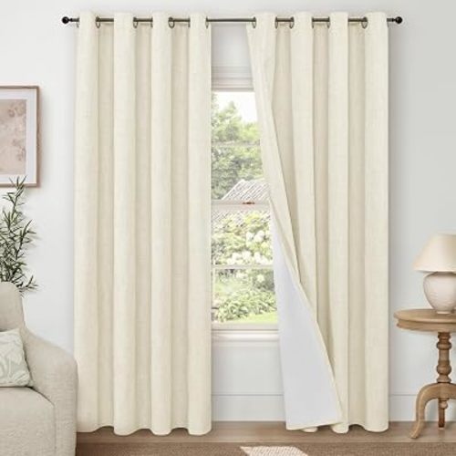 Lajode Cream 100% Blackout Curtains for Living Room 84 Inch Length 2 Panels Set, Thermal Insulated Light Blocking Faux Linen Curtains for Bedroom, Bronze Grommet Boho Window Drape Each 52" Wide