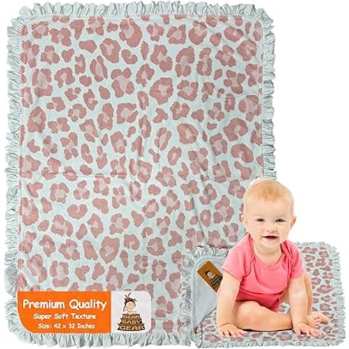 Dear Baby Gear - Soft Reversible Baby Blankets, Newborn Essentials, Baby Blanket for Boys & Girls, Toddler Blankets, Pink Cheetah with Ruffles, Exclusive DBG Print Minky Fabric, 42"x32"