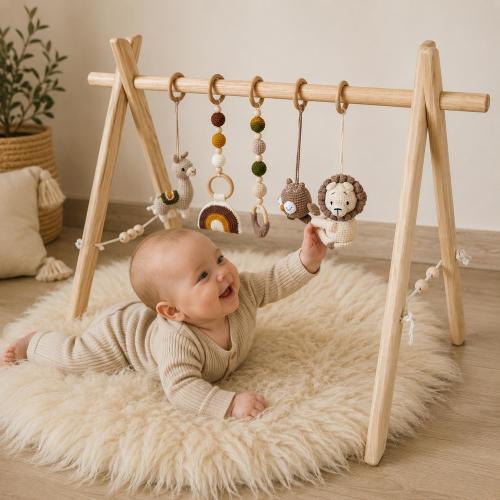 Wooden Baby Gym Play Arch with Hanging Crochet toys, Baby shower gift, Baby Montessori play toys