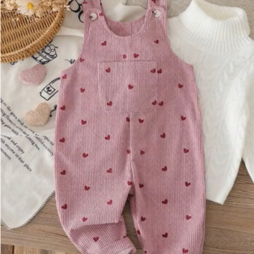 SHEIN Baby Girl 0-3Y Spring/Autumn Heart Print Corduroy Overalls Set, Casual Style With Chest Pocket Decoration, Suitable For Outdoor Play And Leisure | SHEIN USA