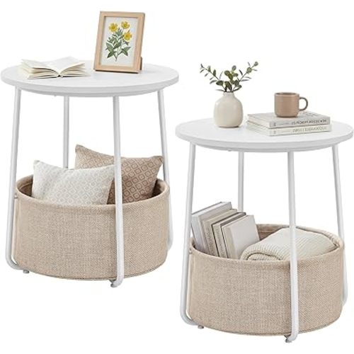 SONGMICS HOME Small Side Tables, Round End Tables, 2 Tier Nightstands with Basket, U Shaped Steel Legs, Easy Assembly, for Living Room, Bedroom, Set of 2, White and Brown