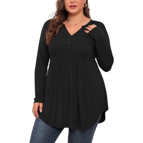 SHIJIALI Women's Plus Size Henley Shirts V Neck Button Tunic Tops Casual Long Sleeve Swing Flowy Blouse